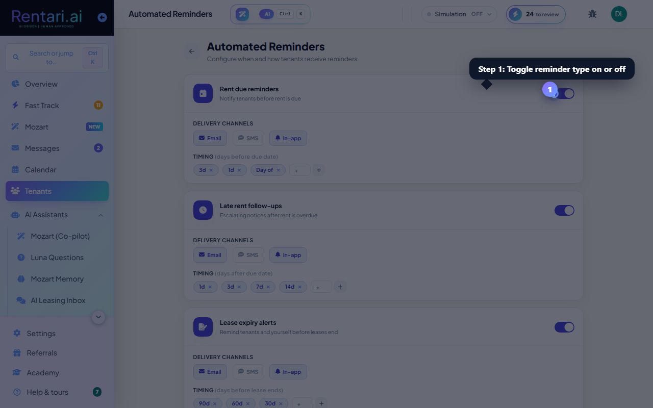 Step 1: Enable or disable reminder types