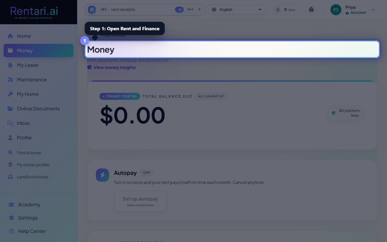 Step 1: Open Rent and Finance