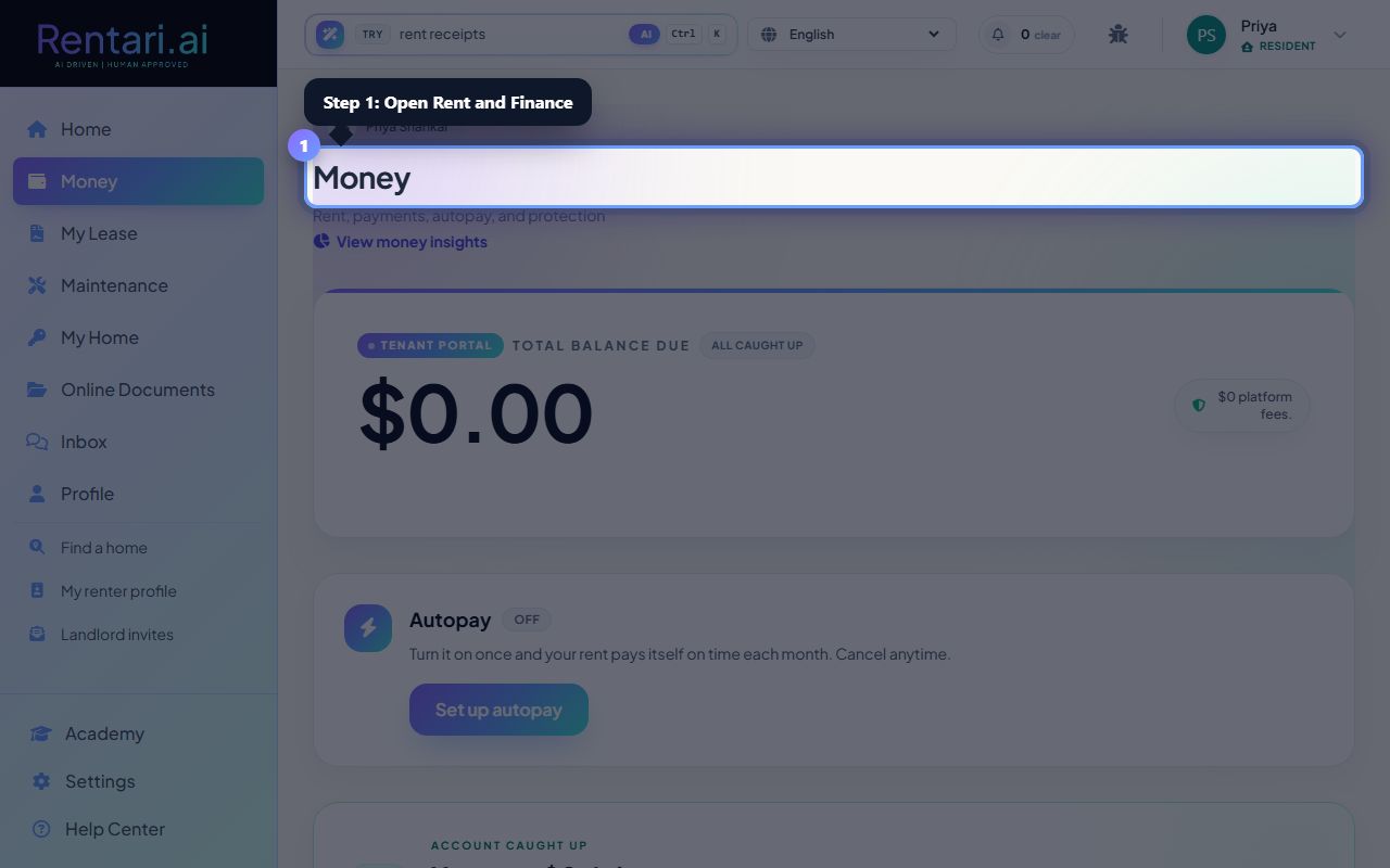 Step 1: Open Rent and Finance