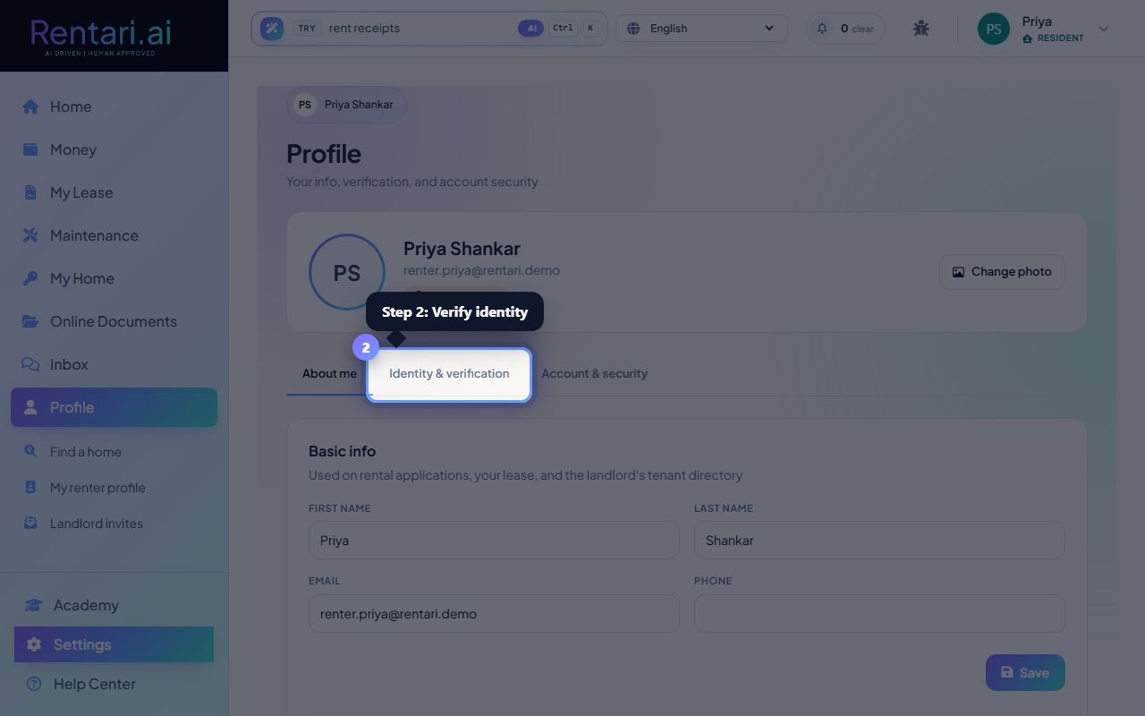 Step 2: Verify your identity in the Identity & verification tab