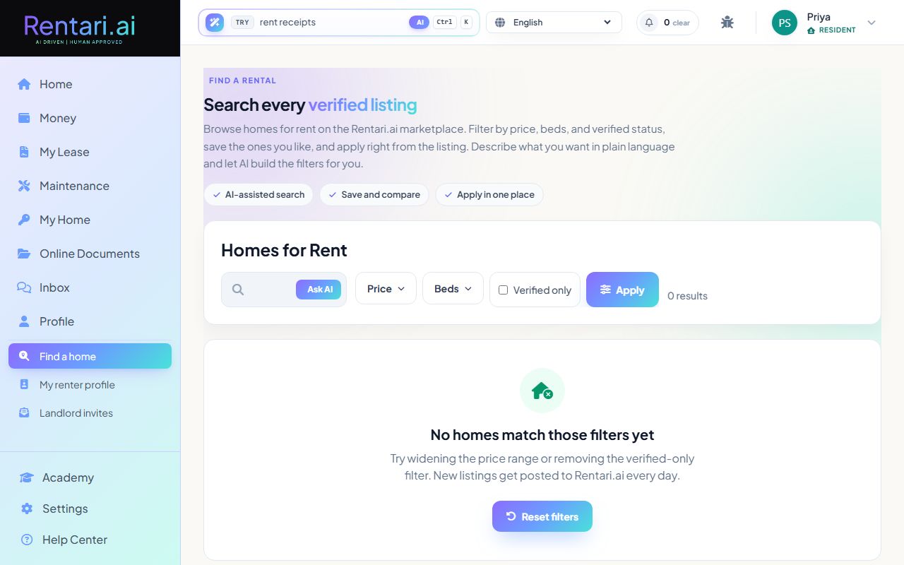 Step 2: Filter by price, bedrooms, and verification status