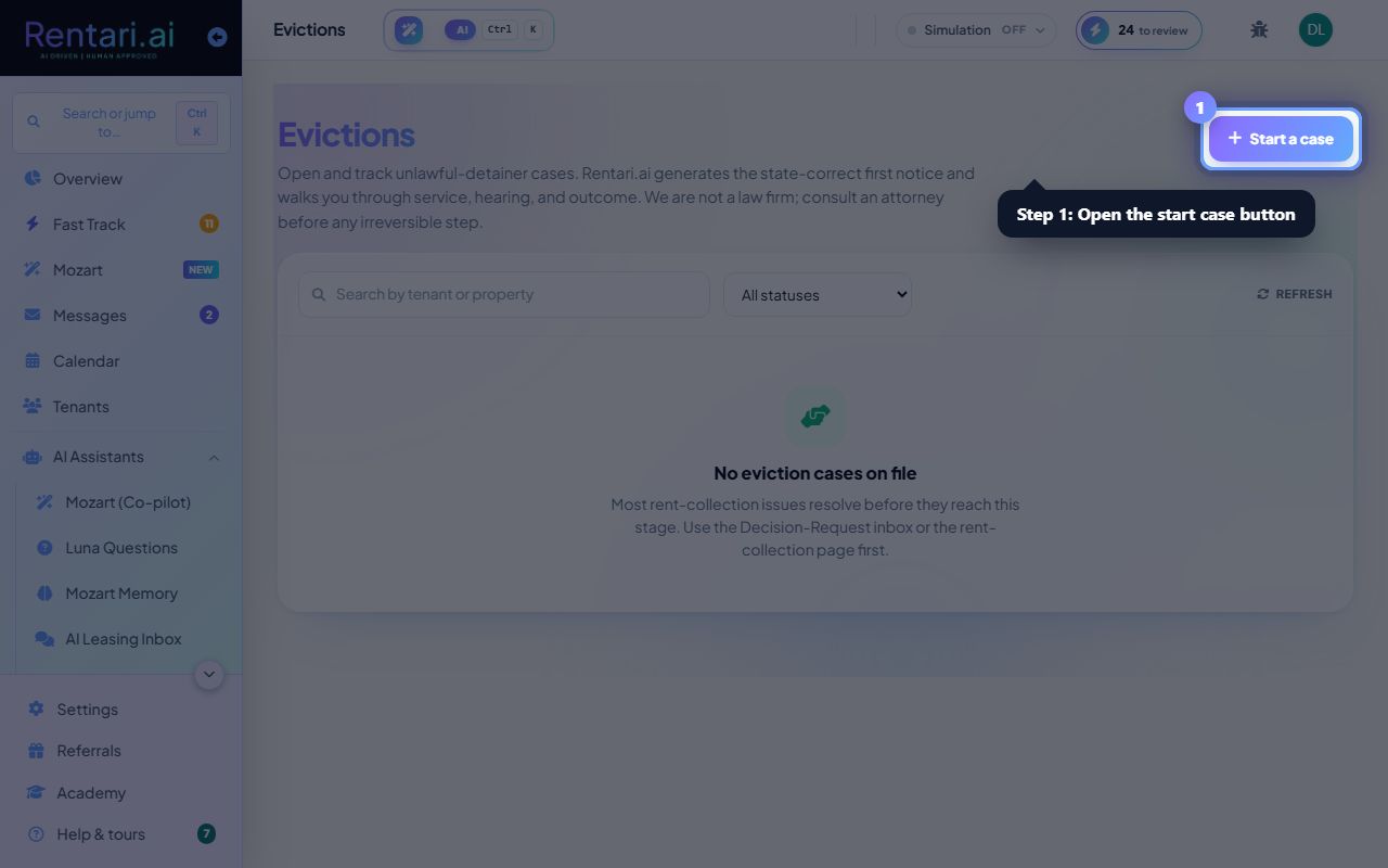 Step 1: Start an eviction case