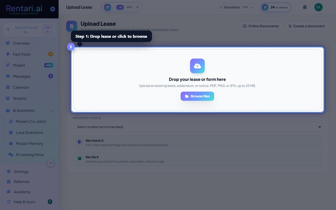 Step 1: Select state and upload your lease