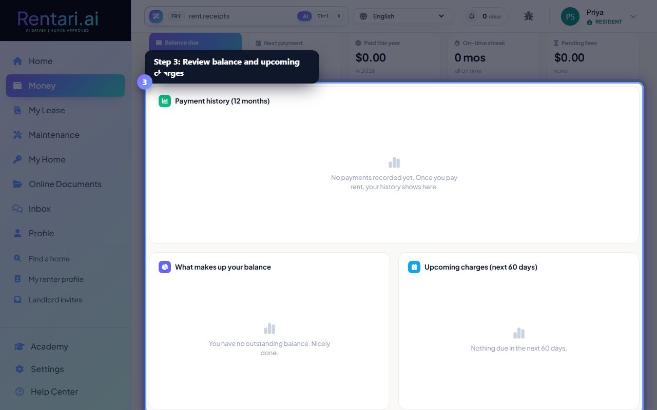 Step 3: Review balance and upcoming charges