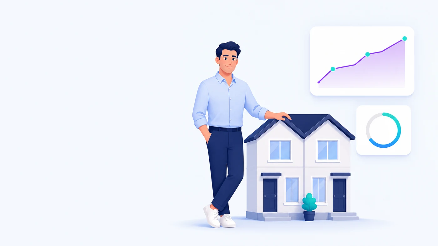 A property owner standing beside a small duplex, with a rising return curve on one card and a part-filled yield ring on another