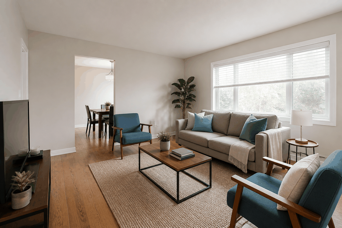 Sample rental living room with large windows and wood floors