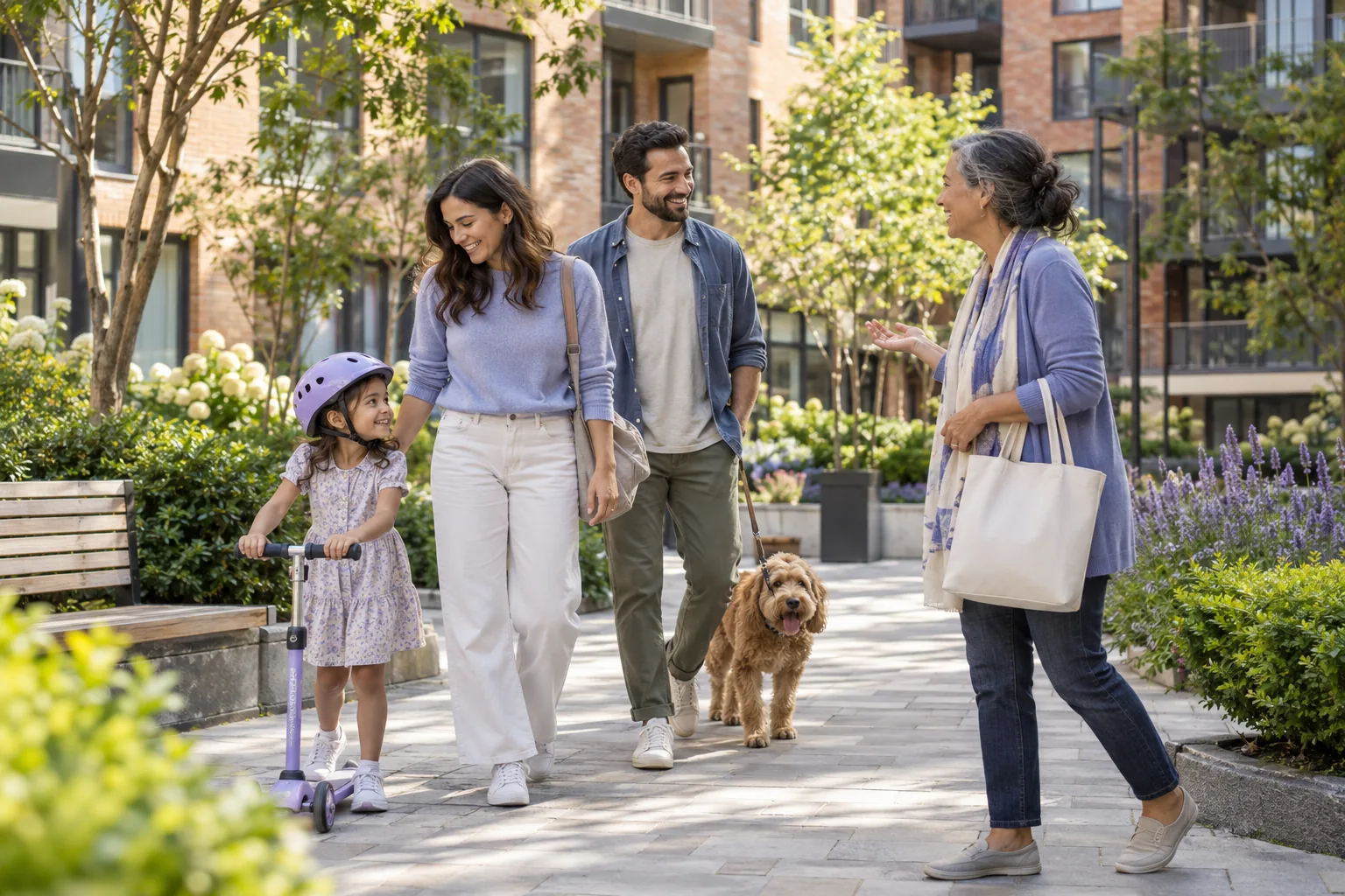 A family and a neighbor greeting one another in an apartment courtyard.