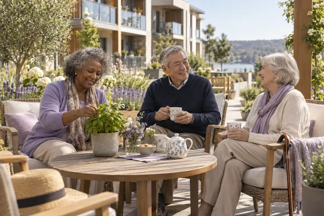 Older neighbors enjoying tea and tending herbs on a sunny shared terrace.