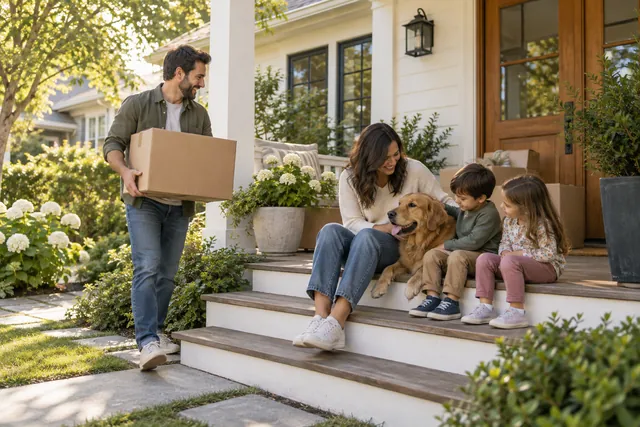 A family with two children and a dog settling into a detached home.