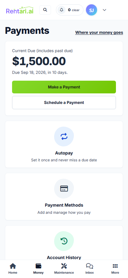 Rentari tenant Money screen showing the balance and payment options in the demo