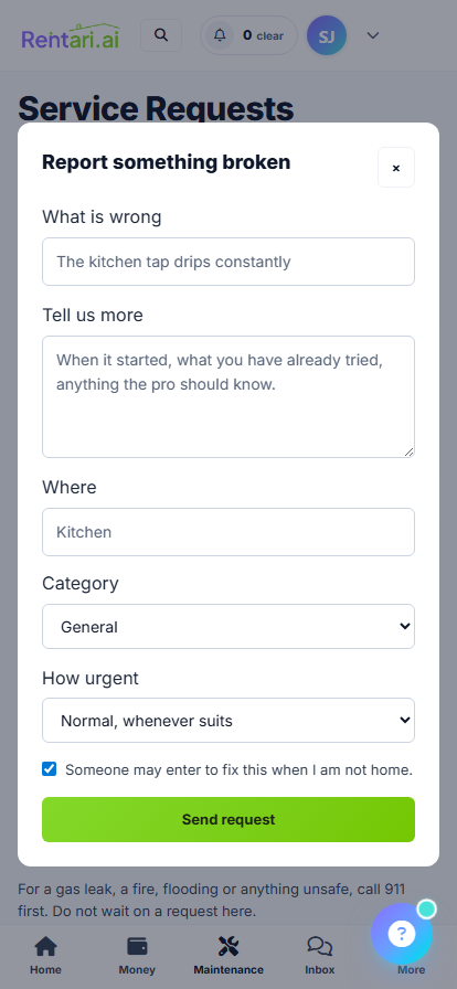 Rentari tenant repair request form with fields for the issue, location and urgency in the demo