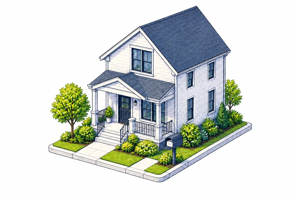 Illustration of a welcoming rental home with a mailbox and envelope