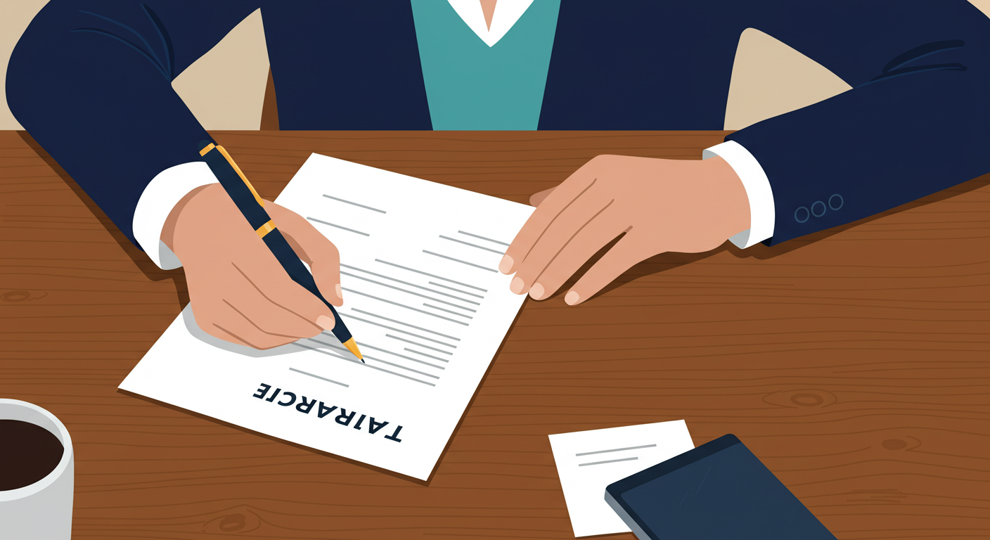 A person signing a residential lease agreement document with a pen at a wooden desk.