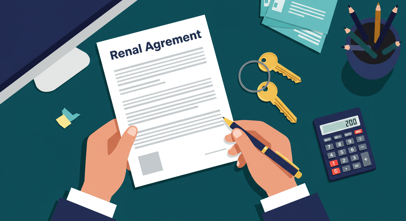 A person reviews a rental agreement document at a desk with keys and a calculator nearby.