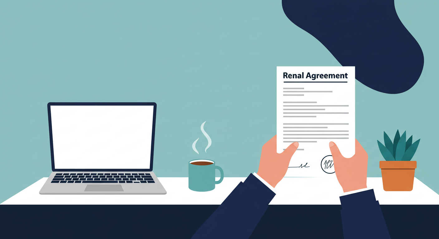 A person sits at a clean desk with a laptop, a coffee mug, and a small plant, looking thoughtfully at a rental agreement document.