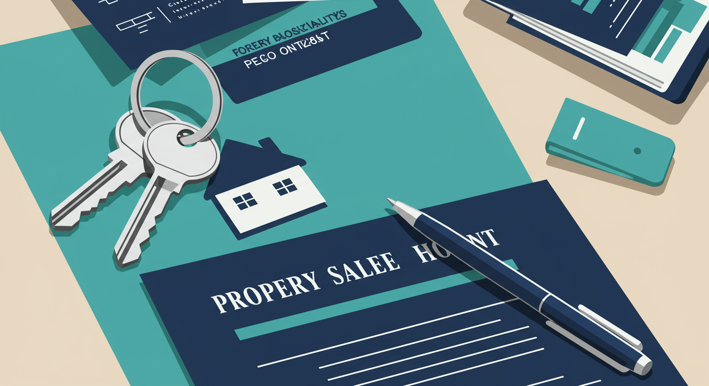A set of house keys and a pen resting on top of a property sale contract.