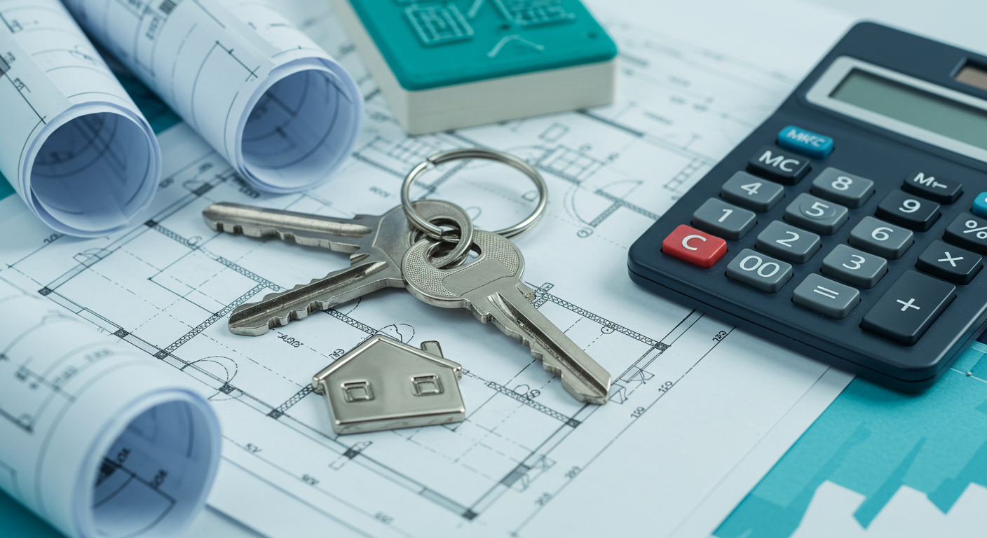 A set of house keys and a calculator resting on architectural blueprints for a new property.