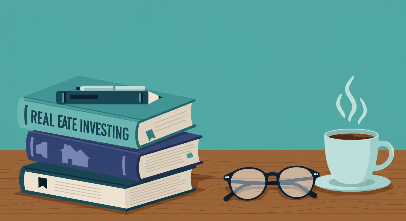 A stack of books about real estate investing sits on a wooden desk next to a pair of glasses and a cup of coffee.