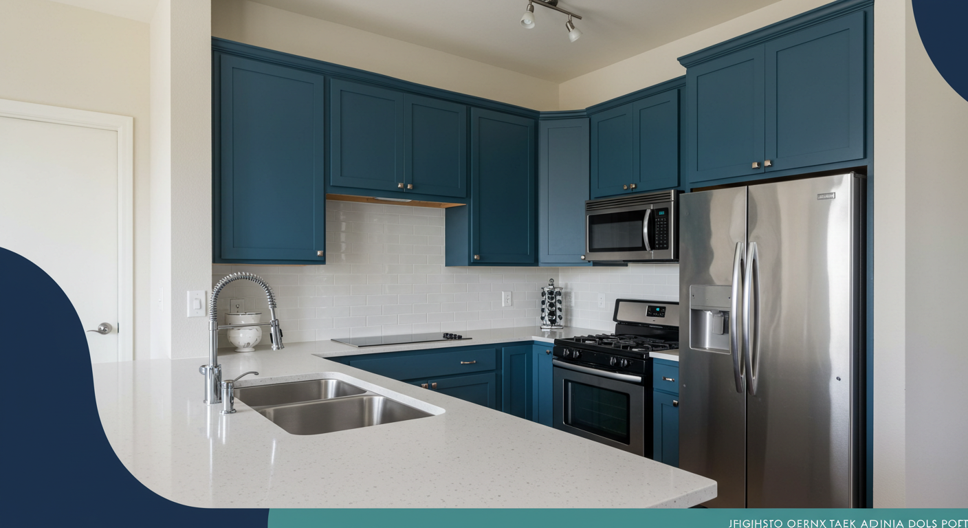 A modern, clean kitchen in a rental apartment with stainless steel appliances and quartz countertops.