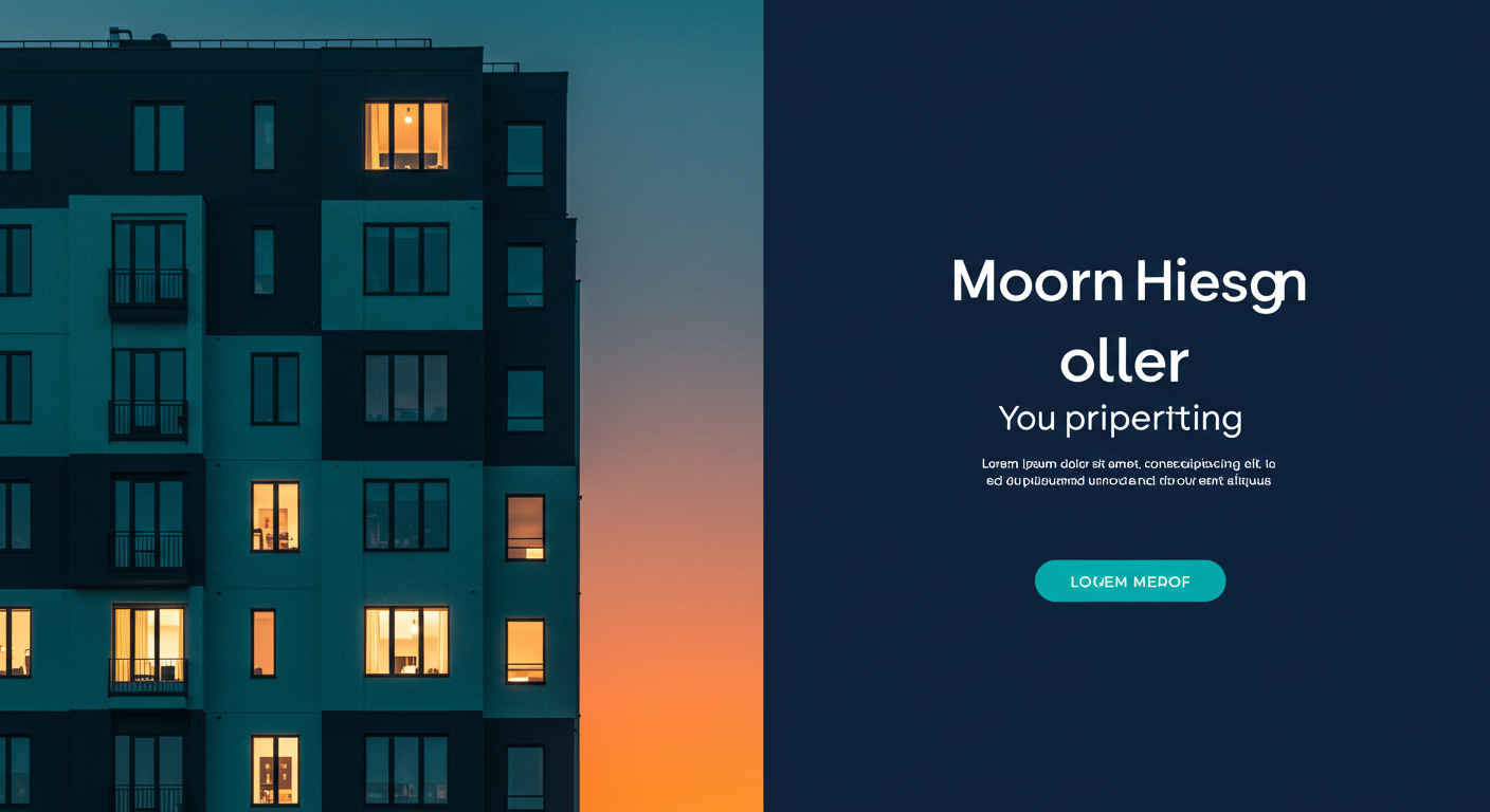 A modern apartment building exterior at sunset, with lights on in several windows.