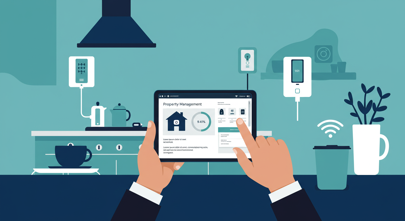 A person uses a tablet displaying a property management dashboard in a modern kitchen with smart home devices.