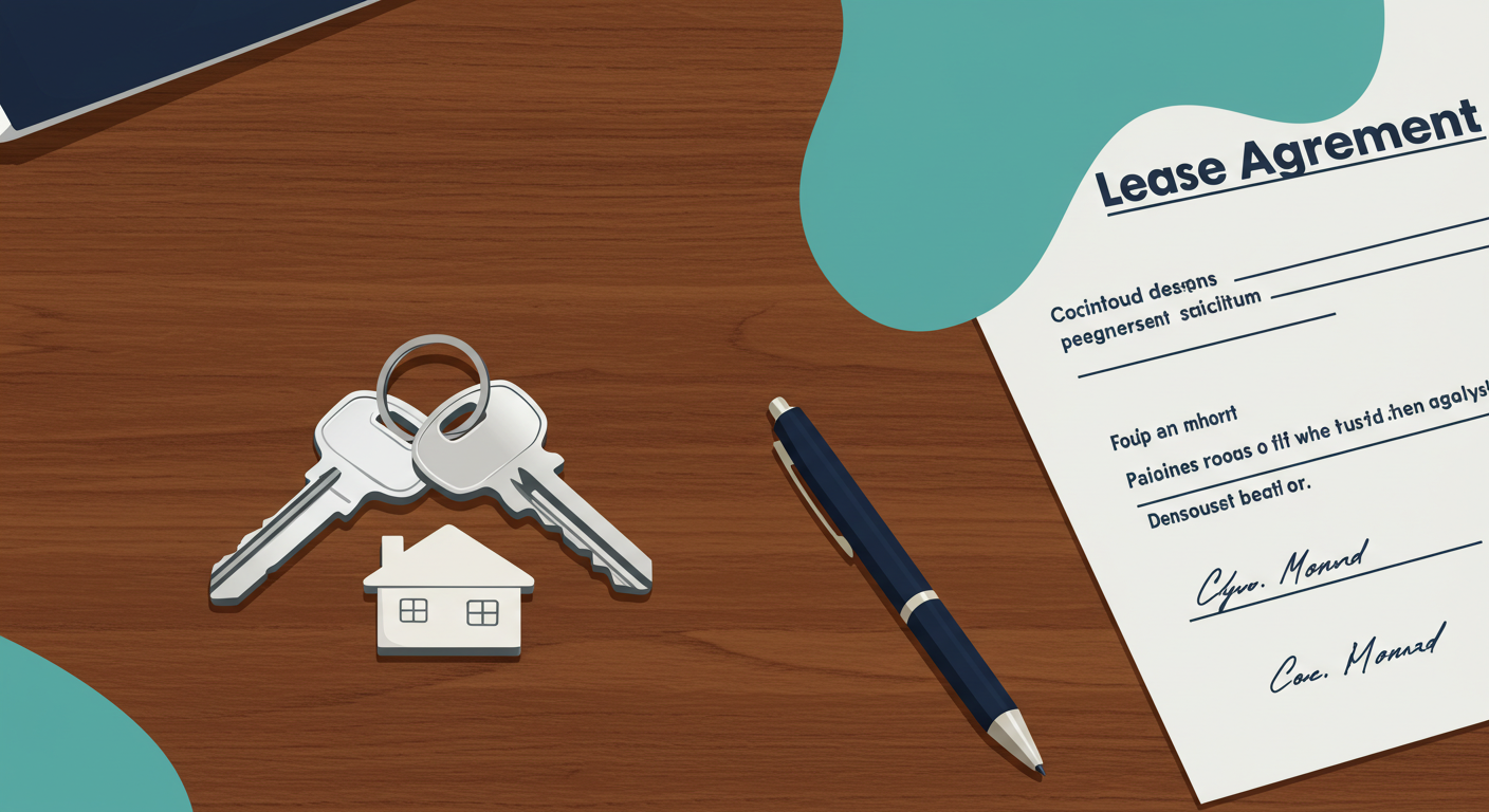 A set of house keys and a signed lease agreement resting on a wooden table.