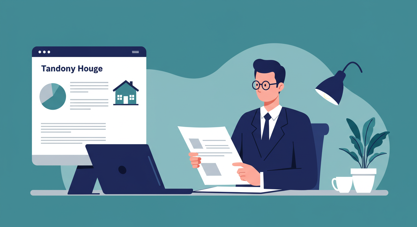 A landlord reviews mortgage documents while looking at a residential rental property.