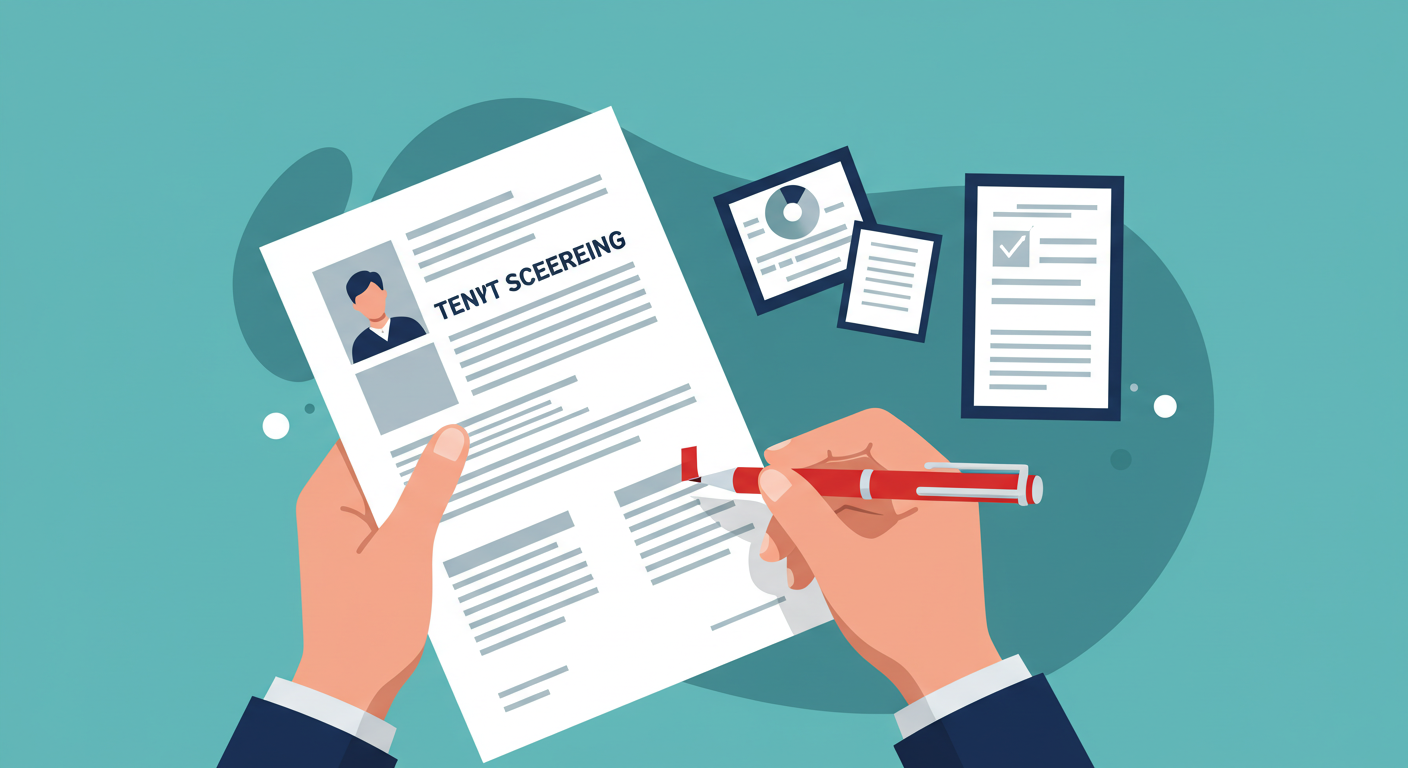 A person reviews a tenant screening report document with a red pen, highlighting a section.