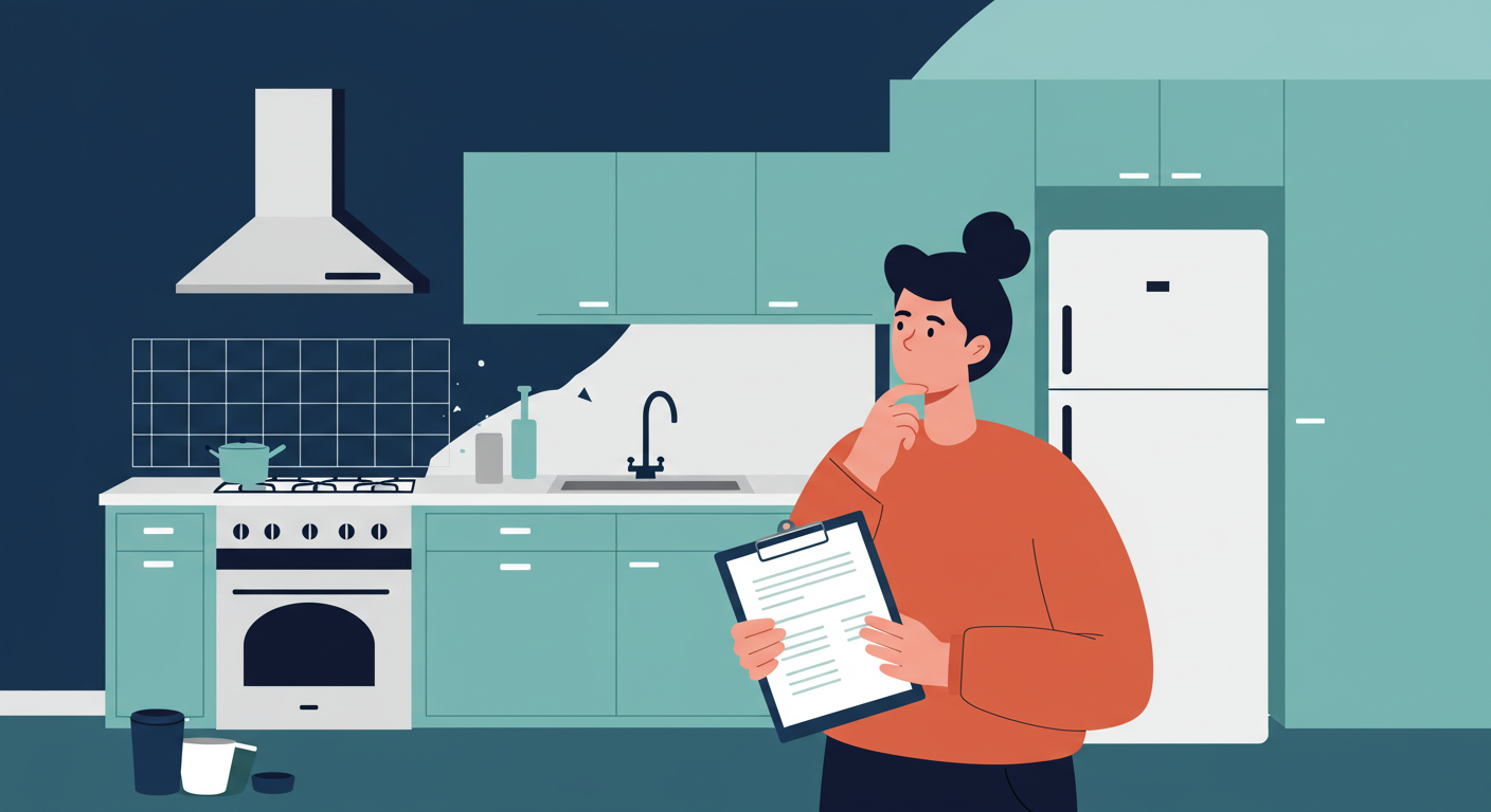 A person holding a clipboard looks thoughtfully at a kitchen that is partially renovated.