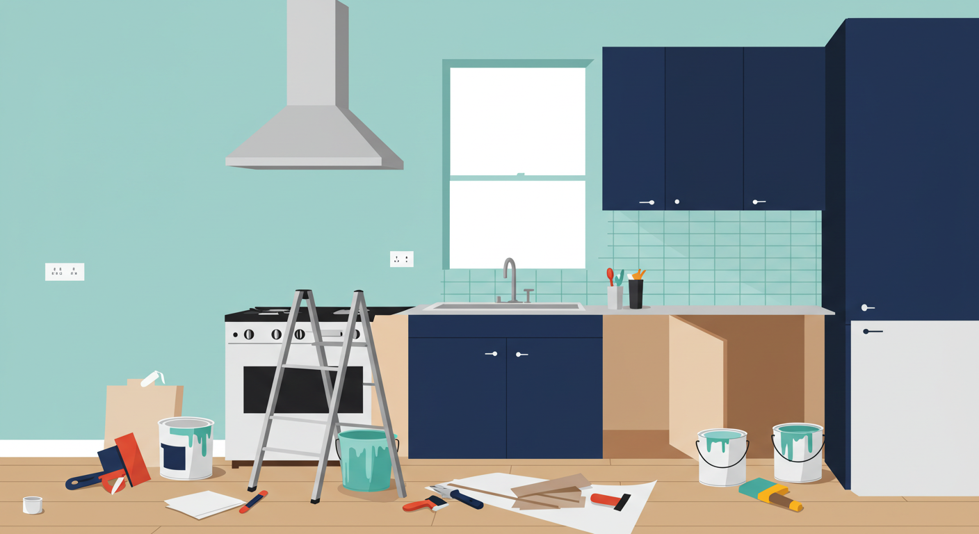A half-renovated kitchen with tools, paint cans, and new cabinets waiting to be installed.