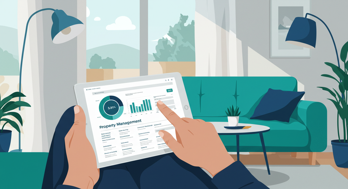 A person uses a tablet to review a property management dashboard while sitting in a bright, modern living room.