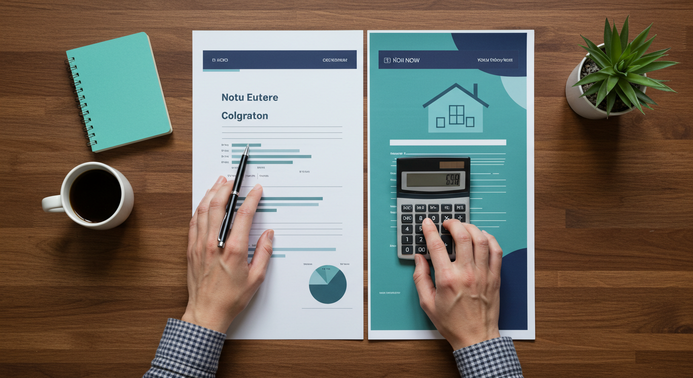 A person's hands using a calculator and pen to analyze property documents on a wooden desk.