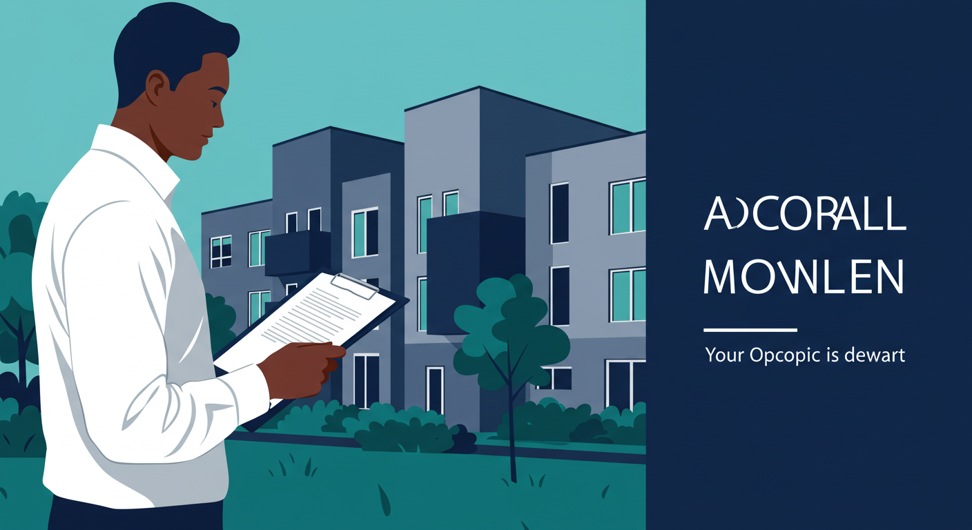 A person in a collared shirt reviews a document on a clipboard while standing in front of a modern multi-unit apartment building.