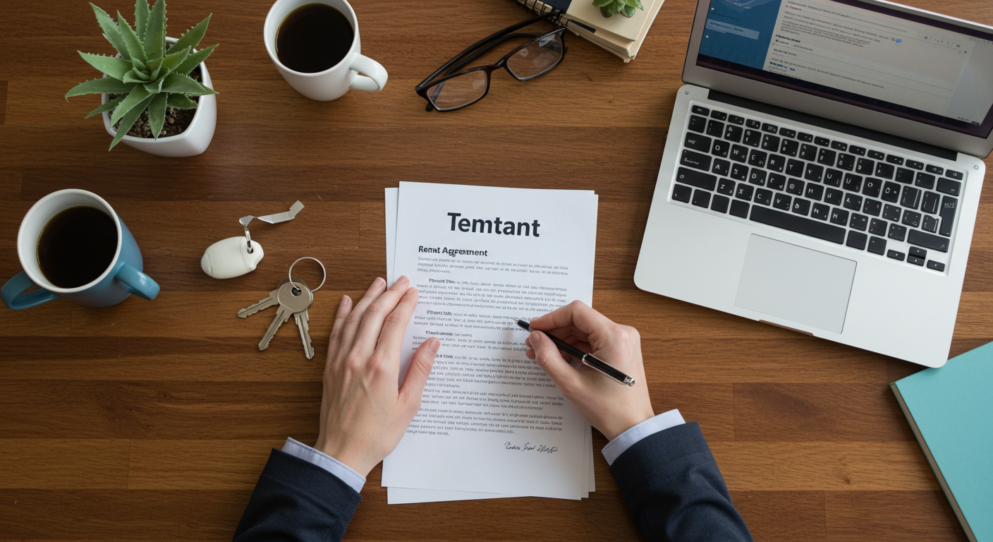 A person signing a rental agreement document at a wooden desk with a laptop and keys nearby.