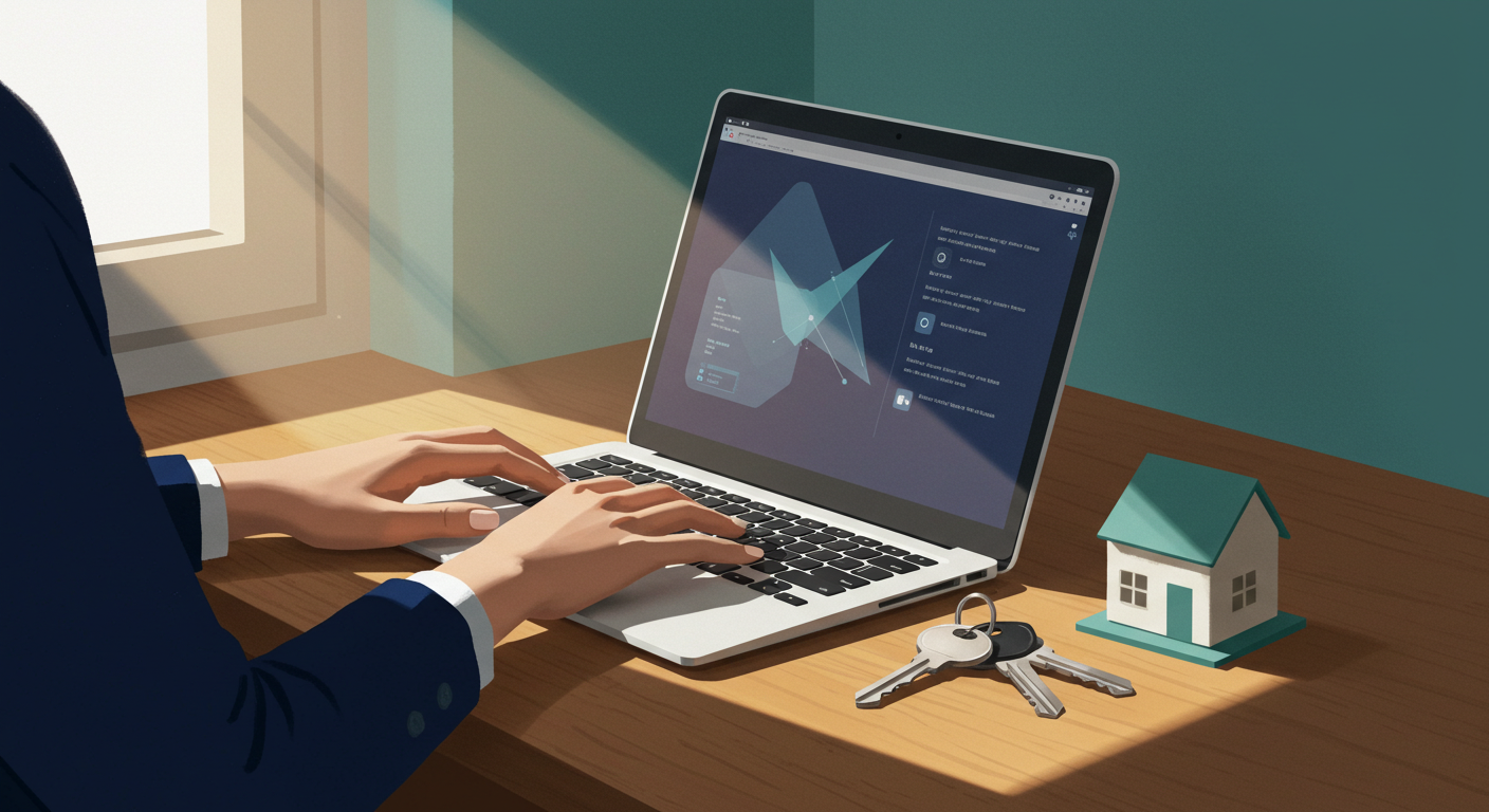 A person uses a laptop at a sunlit desk, with a set of house keys and a small model of a house next to the computer.