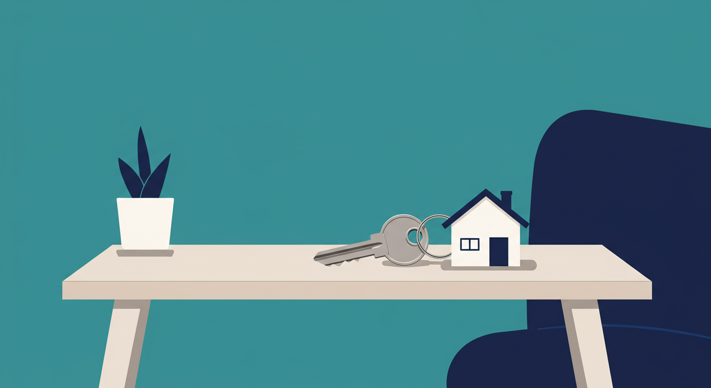 A set of house keys with a simple keychain on a clean wooden table, representing a rental property.
