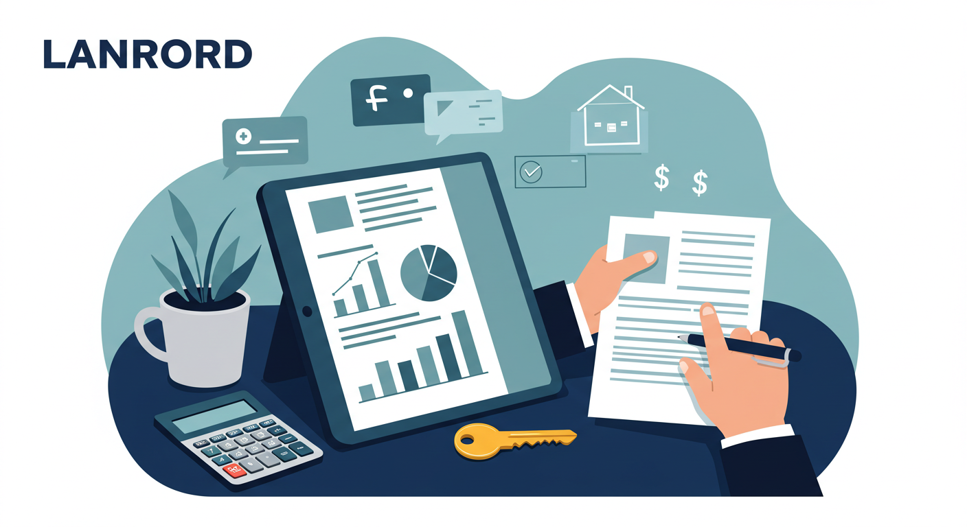 A landlord reviews financial documents on a tablet, with a house key and calculator on the desk.