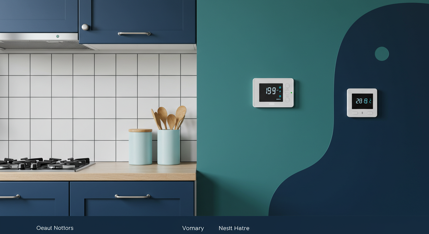 A modern, clean kitchen in a rental unit with new hardware, a fresh backsplash, and a smart thermostat on the wall.