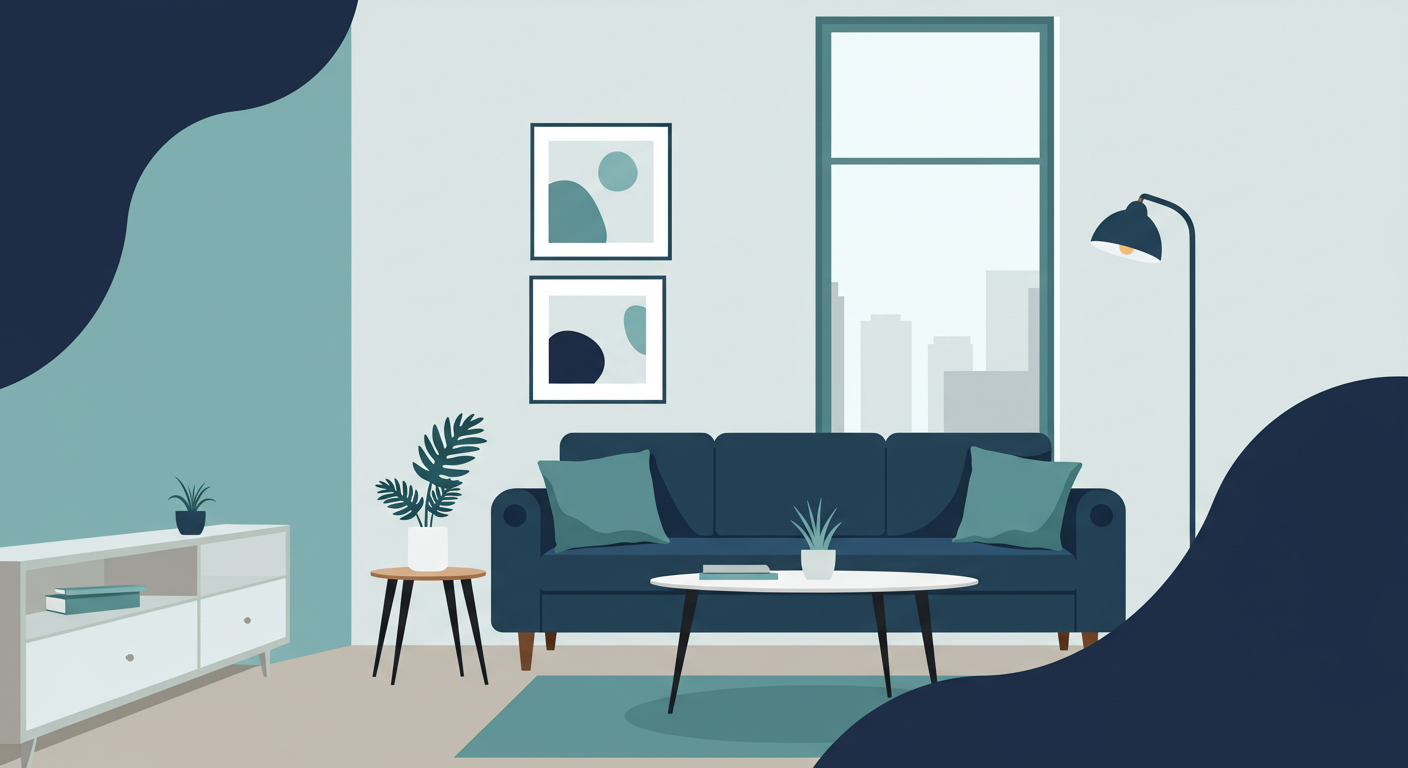 A modern and clean living room in a short-term rental property, with a sofa, coffee table, and large windows.