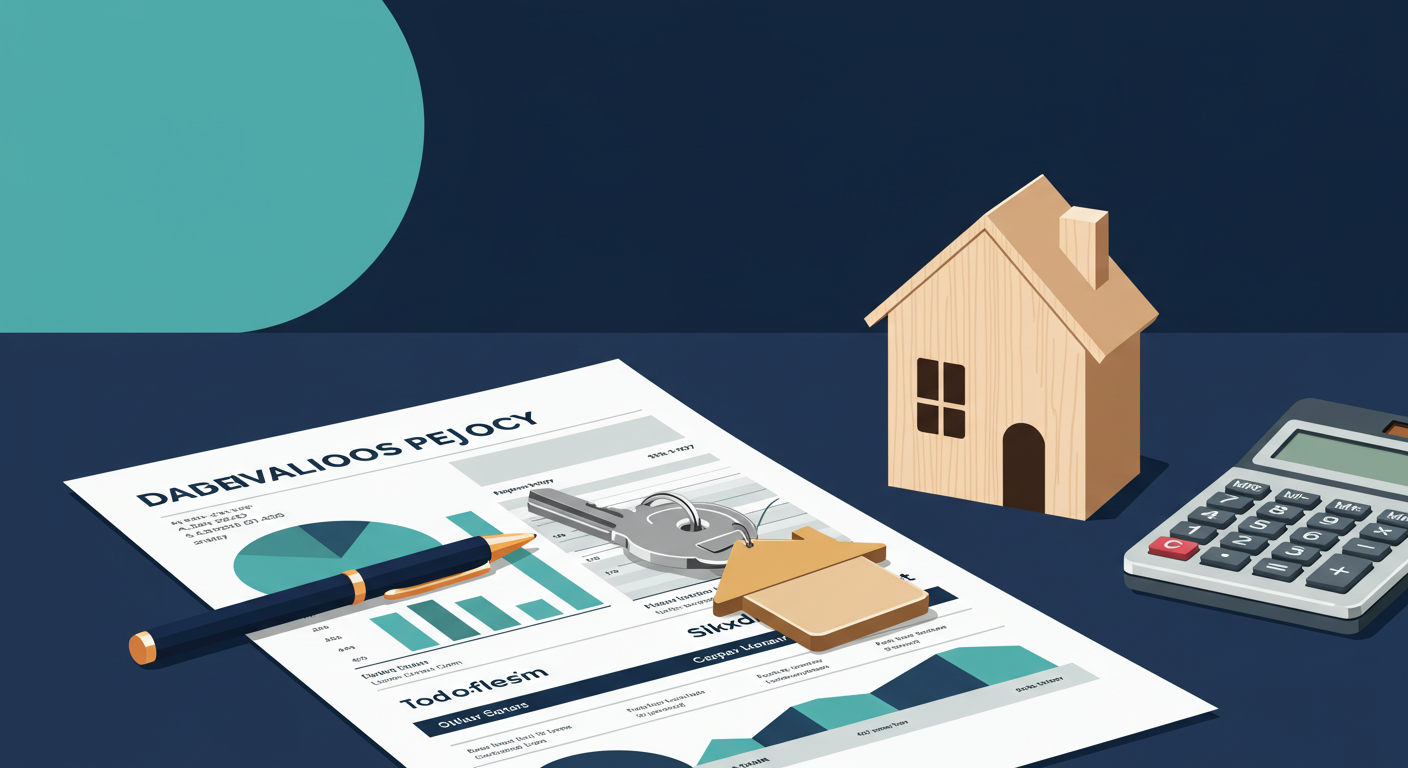 A house key and a small wooden house model sitting on a table next to a calculator and paperwork.