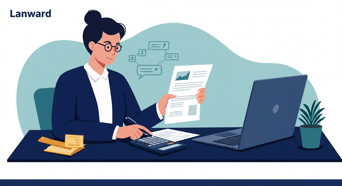 A landlord reviews financial documents and uses a calculator at a desk with a laptop.