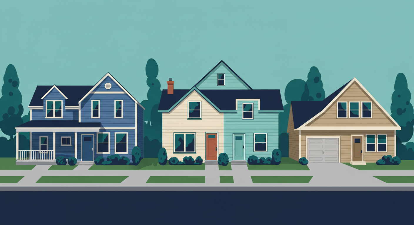 A row of well-maintained, modest single-family homes or duplexes on a clean suburban street.