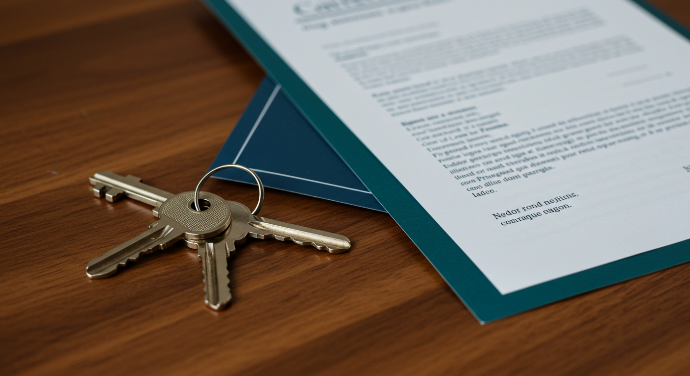 A set of keys on a wooden table next to a formal legal document.