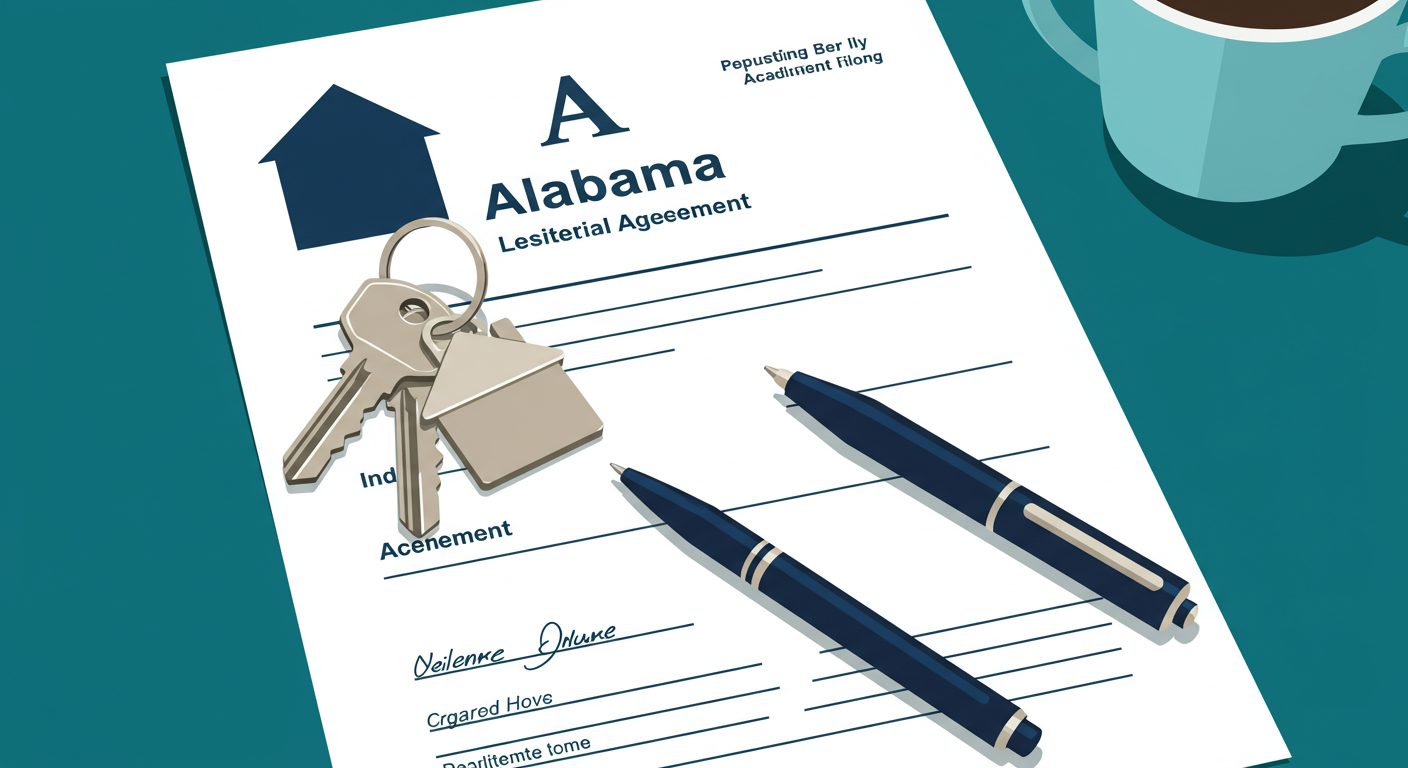 A set of house keys and a pen resting on a signed Alabama residential lease agreement.