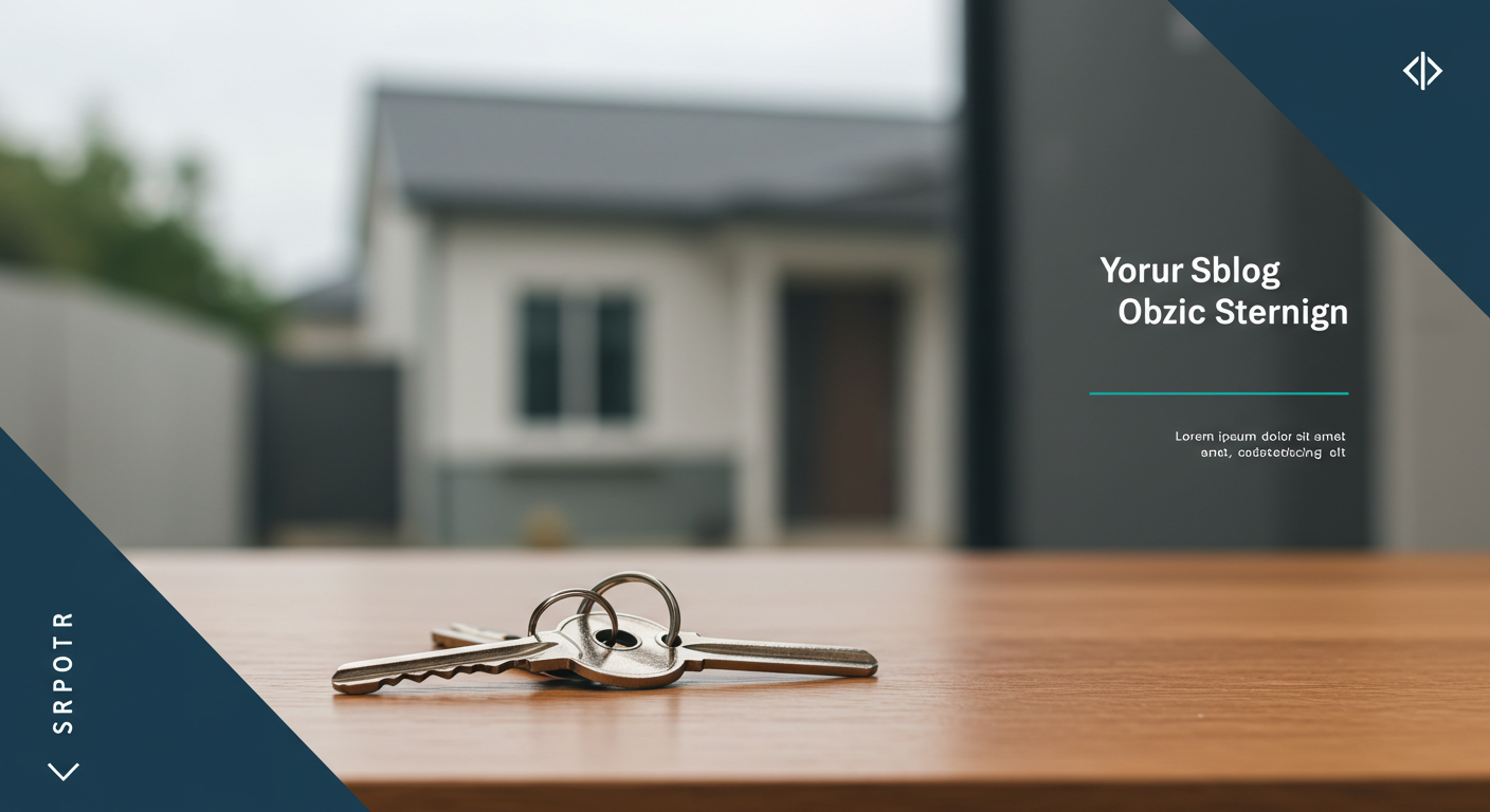 A modern house key with a simple keychain resting on a wooden surface, with a blurred background of a residential home.
