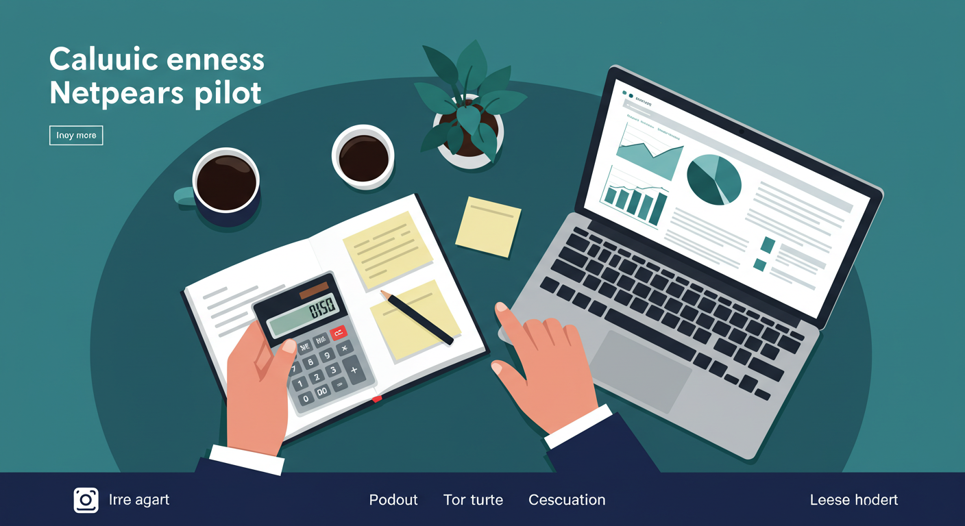 A person sitting at a desk with a laptop, a calculator, and a notepad, calculating their expenses.