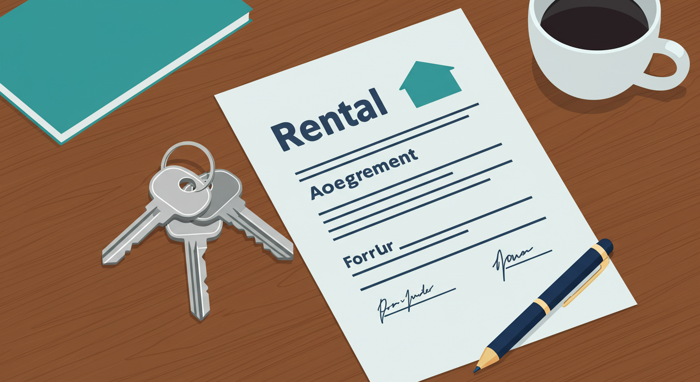 A set of house keys and a signed rental lease agreement on a wooden desk.