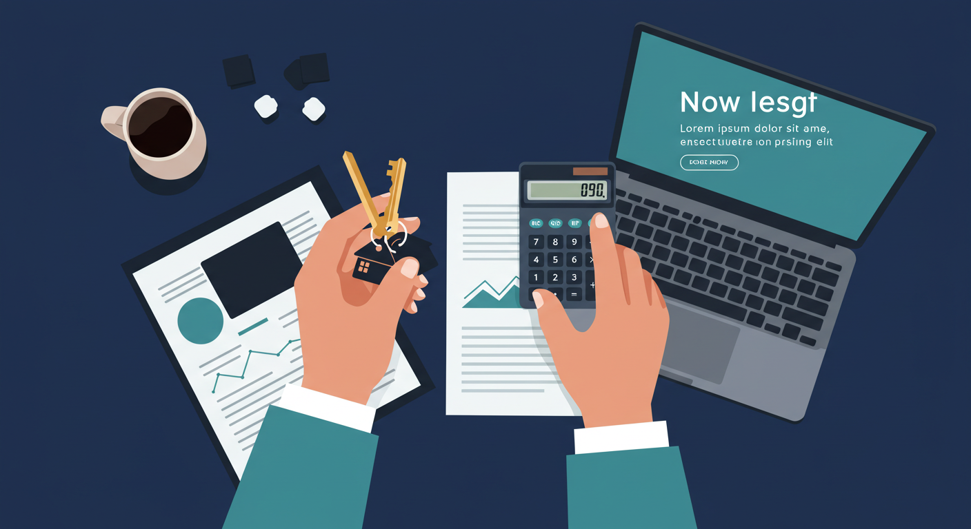 A person holds a set of house keys and a calculator, sitting at a desk with a laptop and paperwork.