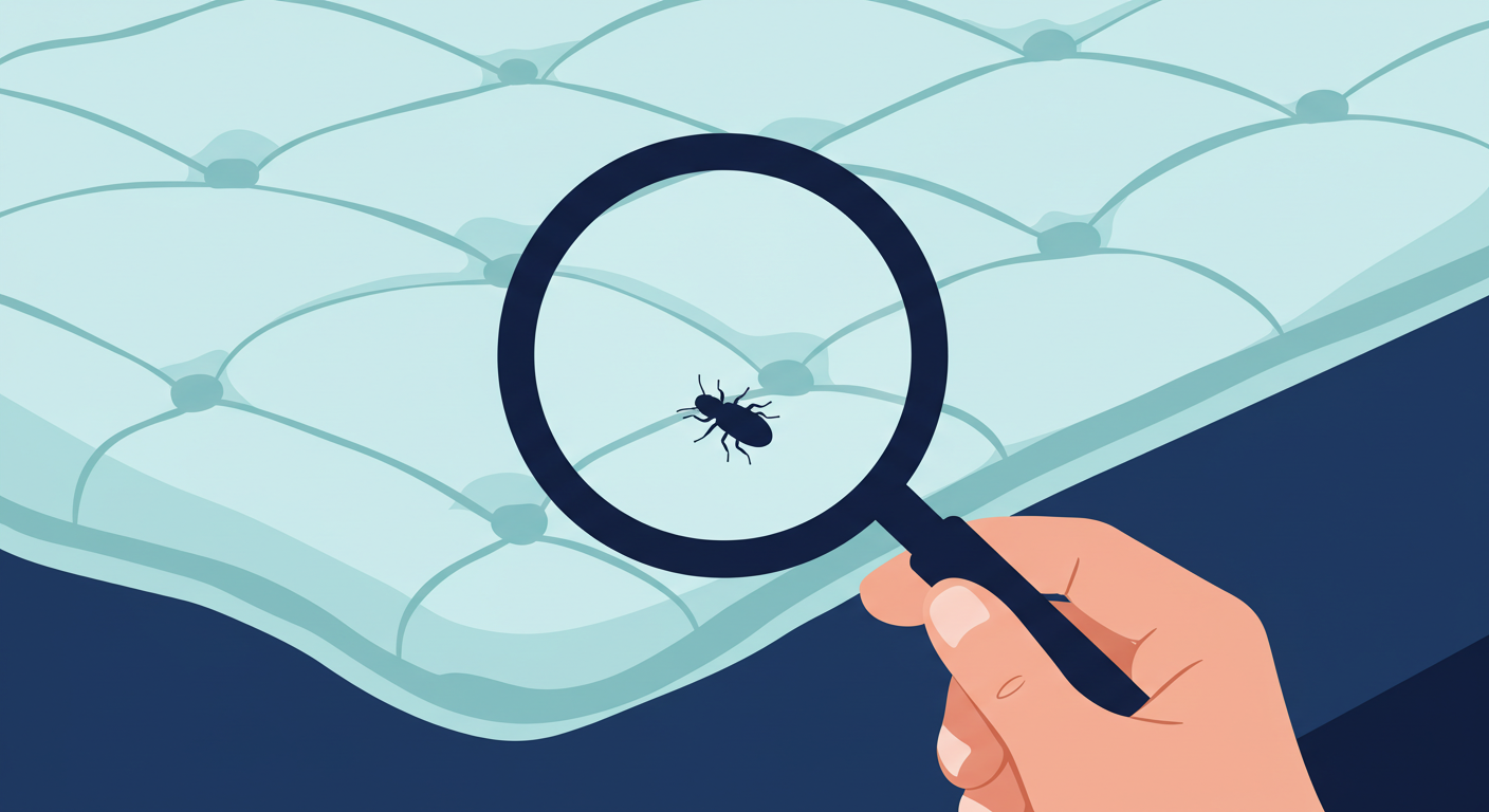 Close-up of a clean mattress seam being inspected for bed bugs with a magnifying glass.