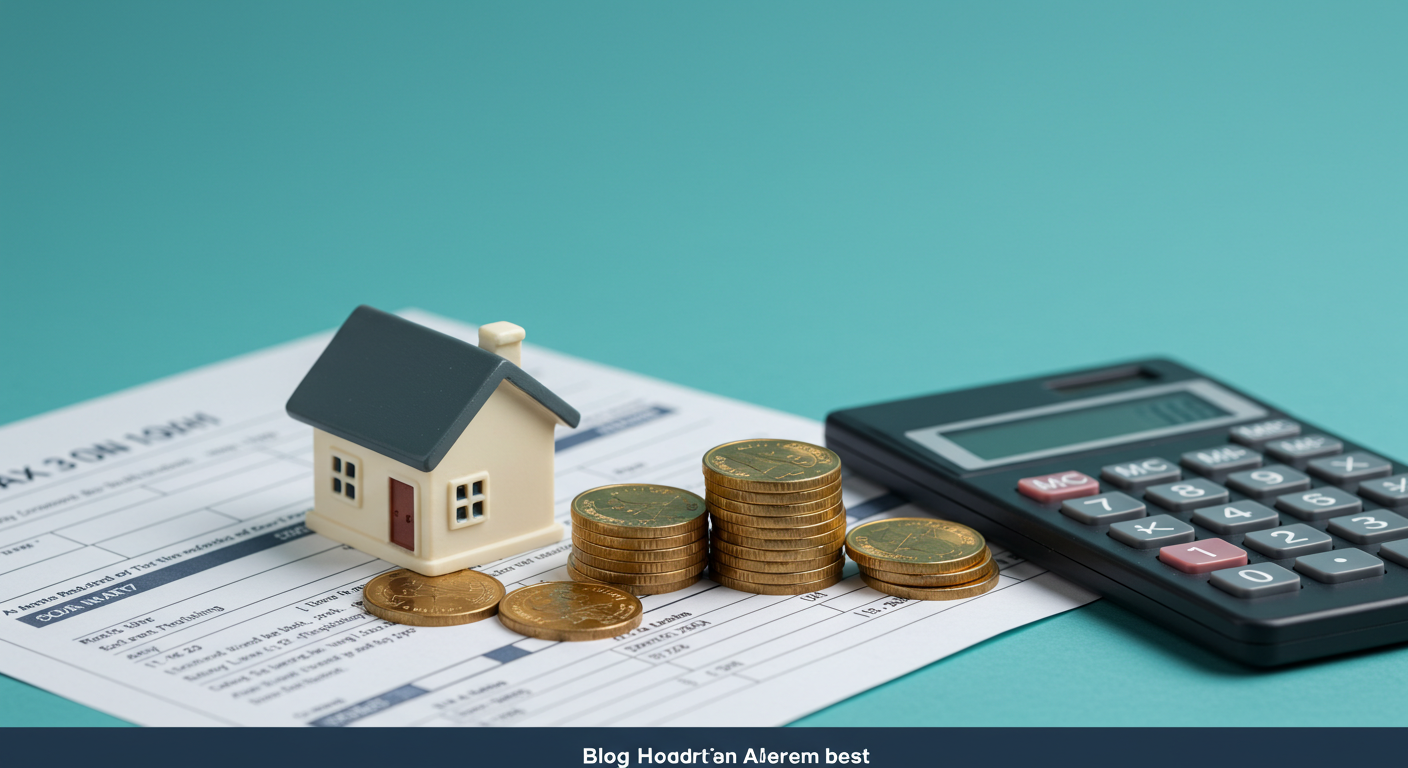 A miniature house model sitting on a pile of coins next to a calculator and tax forms.